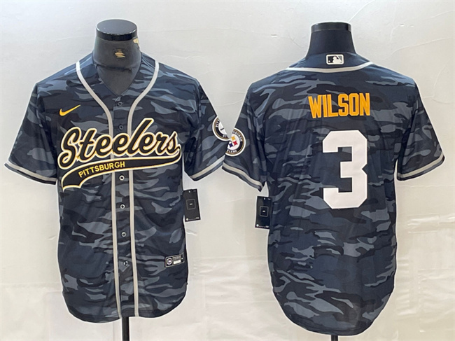 Men's Pittsburgh Steelers #3 Russell Wilson Grey Camo With Patch Cool Base Stitched Baseball Jersey Men's Pittsburgh Steelers #3 Russell Wilson Grey Camo With Patch Cool Base Stitched Baseball Jersey